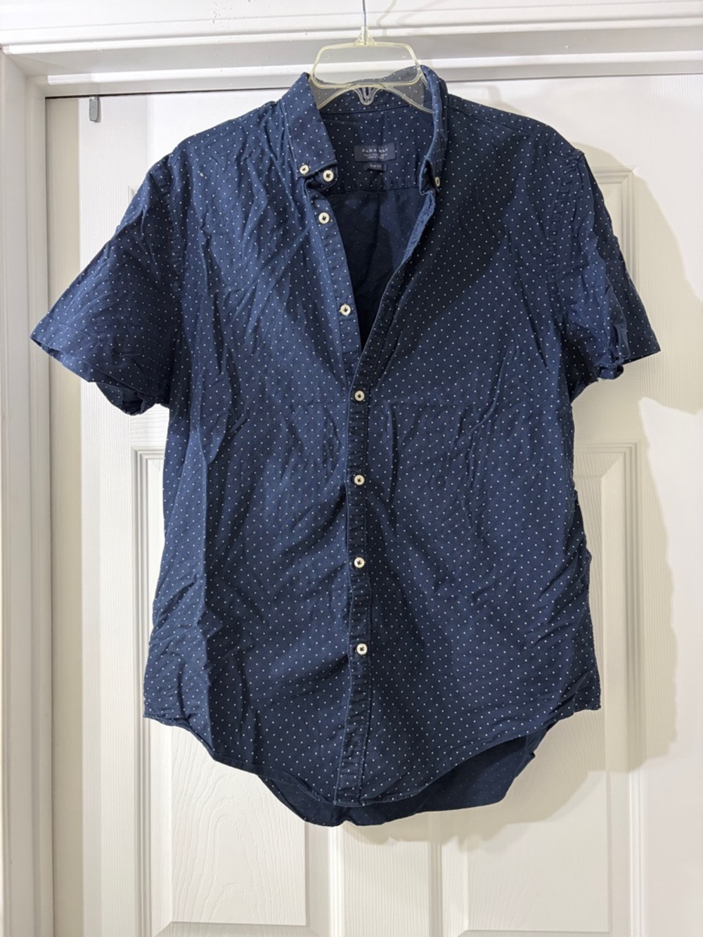Zara Men's Navy Microdot Short-Sleeve Button-Up Shirt